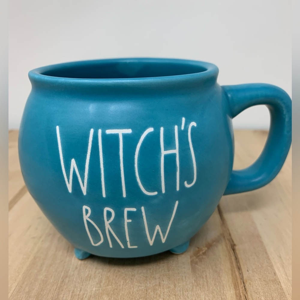 Rae Dunn WITCH'S BREW Mug Turquoise Cauldron Shaped Double Sided with White LL